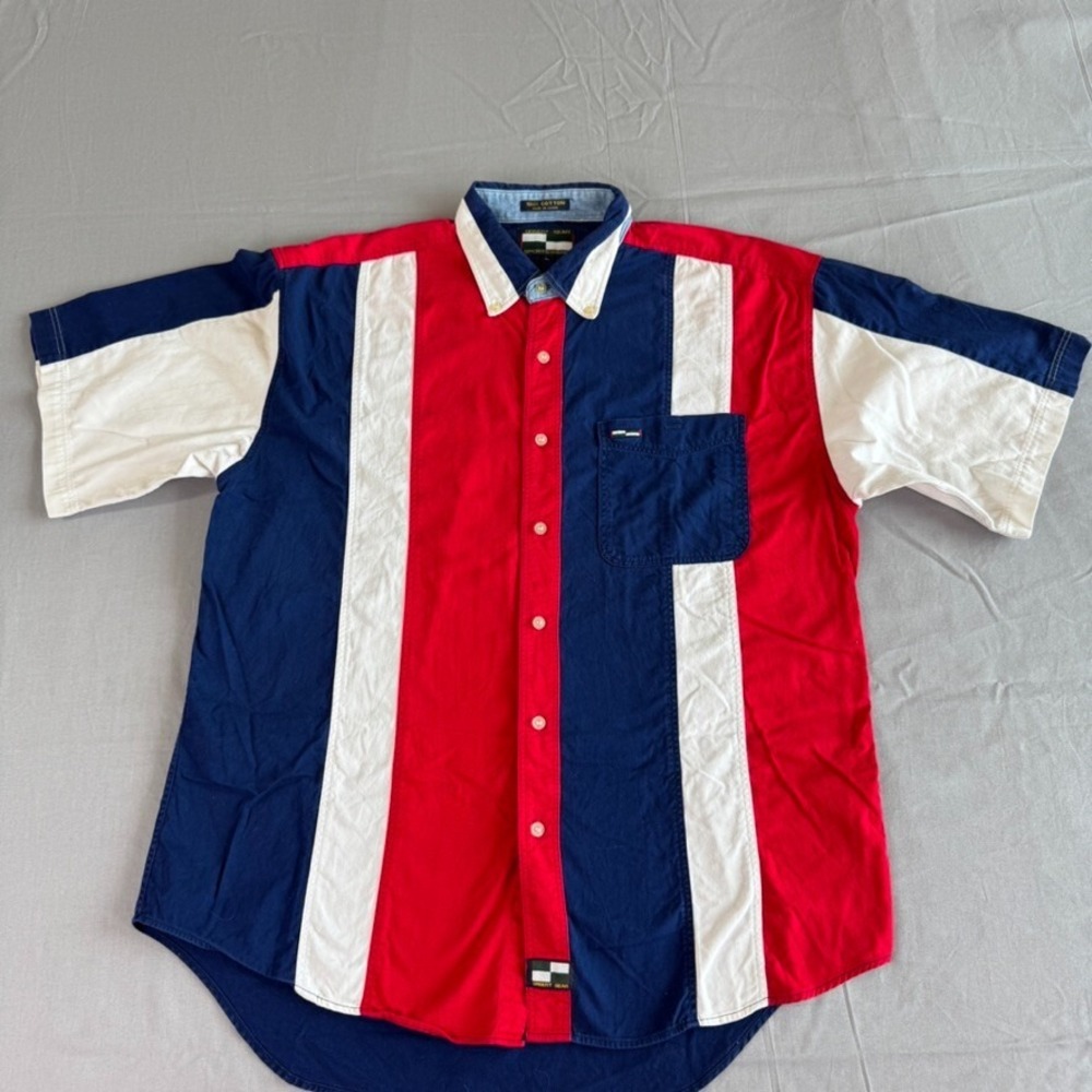 Vintage Urgent Gear Shirt Mens Large Red White Blue Striped‎ Color Block Y2K